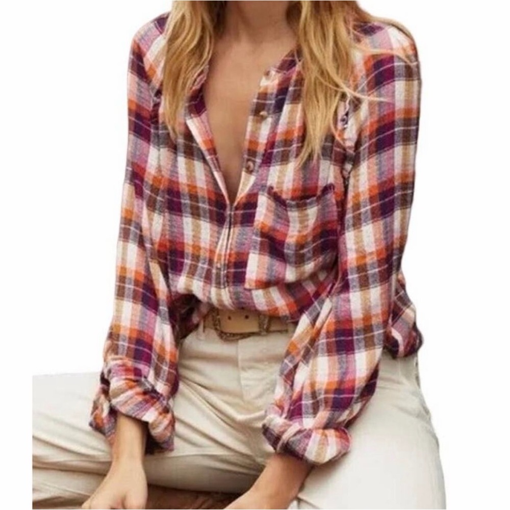 Anthropologie Pilcro Peasant Plaid Breezy Button Front Top Women’s Size Large